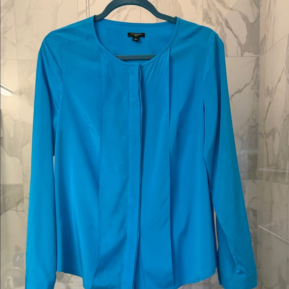Ann Taylor Silk Blouse, C - Vibrant Blue, Sleeves w/Gold button, S-8